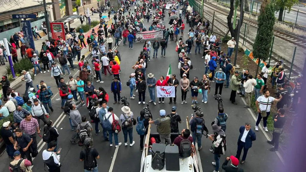Aerial view of large street protest march