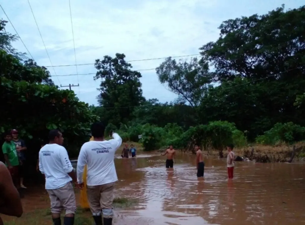 People wading through muddy floodwater on road