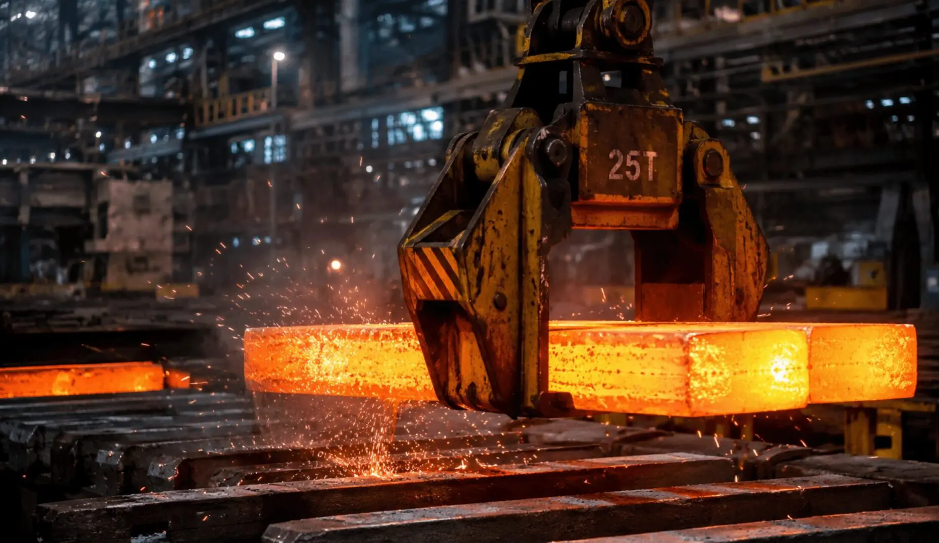 Trabajo de pinza industrial manipulando acero incandescente en planta siderúrgica con chispas visibles