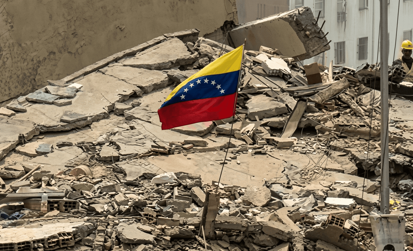 Venezuelan flag amid building rubble