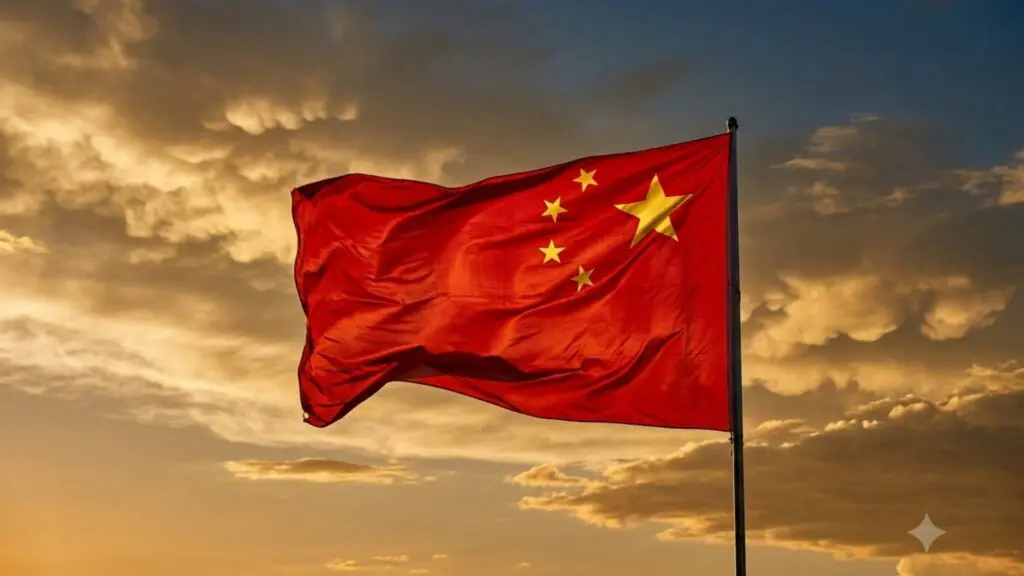 Bandera de China durante un acto oficial tras el anuncio de nuevas restricciones comerciales a Estados Unidos.