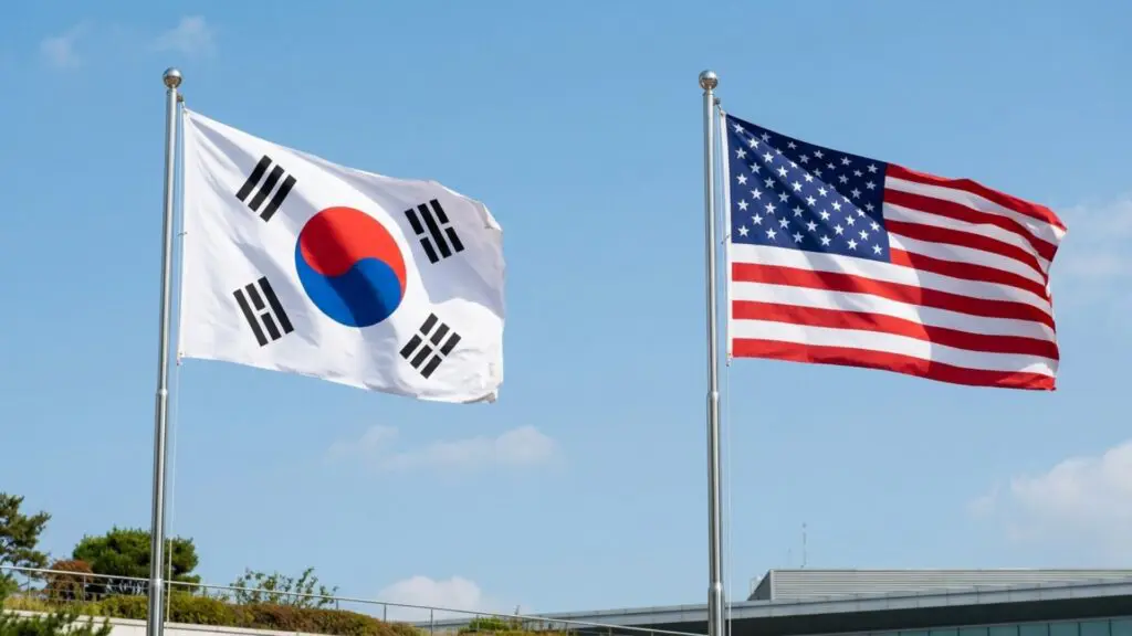 Flags of South Korea and the United States waving.
