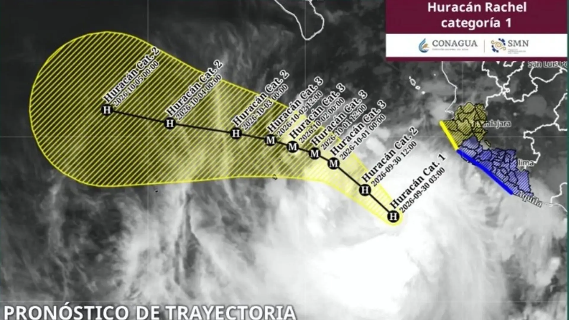 Huracán Rachel categoría 1 frente a las costas de Jalisco y Michoacán. Imagen de SMN