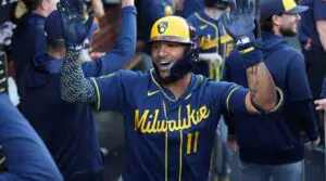 Cerveceros de Milwaukee celebran su victoria 6-2 sobre Dodgers de Los Ángeles en la Serie de Campeonato de la Liga Nacional.