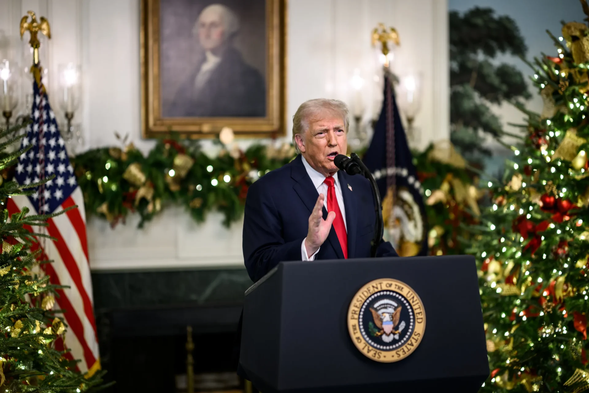 President Donald Trump addresses the nation from the Diplomatic Reception Room of the White House