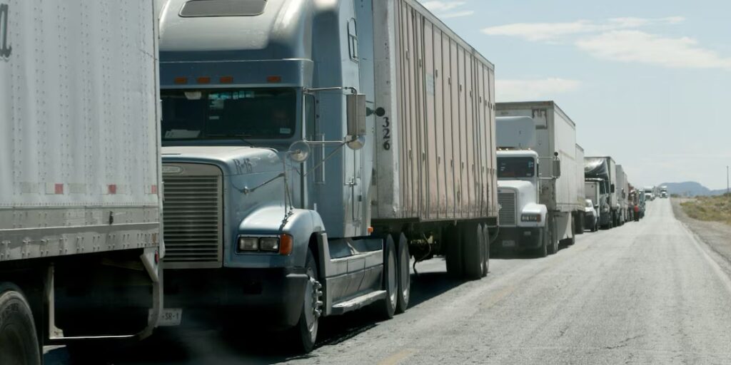 Fila de tractocamiones detenidos en carretera tras falla en sistema de aduanas en México